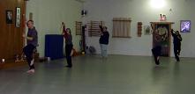In the Kwoon, Introduction to Tai Chi Straight Sword (February 2008): As the afternoon progresses the play becomes more involved and McElroy Laoshi (L) leads participants through Biggest Star in the Big Dipper from the first section of Water Tiger Schools approach to the 32-posture Orthodox Straight Sword Form.