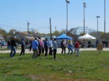World Tai Chi & Qigong Day; Shorefront Park, Patchogue NY (April 30, 2016): In the first of two different workshops for the morning, Bob and Jean Klein (far R and 3rd from R, respectively) from the Long Island School of T'ai-Chi-Chuan in Sound Beach, lead people through the details of "Animal Exercises Chi-gung" ("Age Reversal Exercises")  also known as "Zookinesis".
