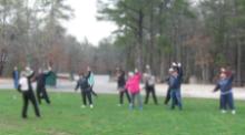 World Tai Chi & Qigong Day; Diamond in the Pines, Coram NY (April 28, 2018): Judith Budd-Walsh (L  in black & white), from Harmonious Movement of Port Jefferson Station, beginning the morning with her workshop, Tai Chi / Qigong Flow for Healthy Living.