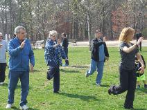 World Tai Chi & Qigong Day; Diamond in the Pines, Coram NY (April 28, 2018): Stepping into the slot held for Spencer Gee, Maria DeAngelis Campanella (R) represented Spencer Gee Wellness Corporation (Roslyn Heights) with workshops focusing on exploring the Five Elements (Wood, Fire, Earth, Metal, and Water) with exercise tools and on detailing aspects of the Yang-Style form.