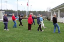 World Tai Chi & Qigong Day; Diamond in the Pines, Coram NY (April 28, 2018): Bob and Jean Klein (2nd from R in light blue shirt and 4th from in R in dark blue shirt, respectively), from the Long Island School of T'ai-Chi-Chuan in Sound Beach, deviating from their plans and presenting a double workshop on the internal aspects of Yang-style form play.