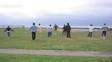 Tai Chi in the Park (August 26, 2006): With a small group on a damp and chilly morning, Laoshi Laurince McElroy (leading at center in grey t-shirt) helps participants experience a sense of grace, elegance, and peacefulness while playing The Crane Walks from the Five Animal Frolics.