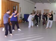 In the Kwoon, Monkeying Around (January 2008): Laoshi Laurince McElroy (R) demonstrating and talking through details of the Monkey Presenting the Peach to the Immortal Spirit from the Wu-Dang Five Animal Frolics while the group plays along.