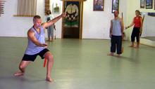 In the Kwoon, Tai Chi Straight Sword  The Journey Continues (June 2008): During this seminars advanced focus on Water Tiger Schools approach to the 32-posture Orthodox Straight Sword Form, others observe as McElroy Laoshi (L) demonstrates and talks through the details of the third posture, The Swallow Skims Over the Water.