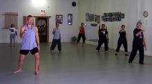 In the Kwoon, Tai Chi Straight Sword  The Journey Continues (June 2008): Stepping into Show the Direction, McElroy Laoshi (L) leads a mixed group with participants from three lineages in the intricacies Water Tiger Schools approach to the 32-posture Orthodox Straight Sword Form.