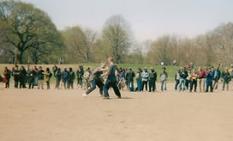 World T'ai Chi & Qigong Day — Central Park (April 19, 2003): McElroy Laoshi (L) and Matt Kintzel having some fun with Moving Push Hands during the very windy and dusty Special Demonstrations in Central Park's East Meadow.